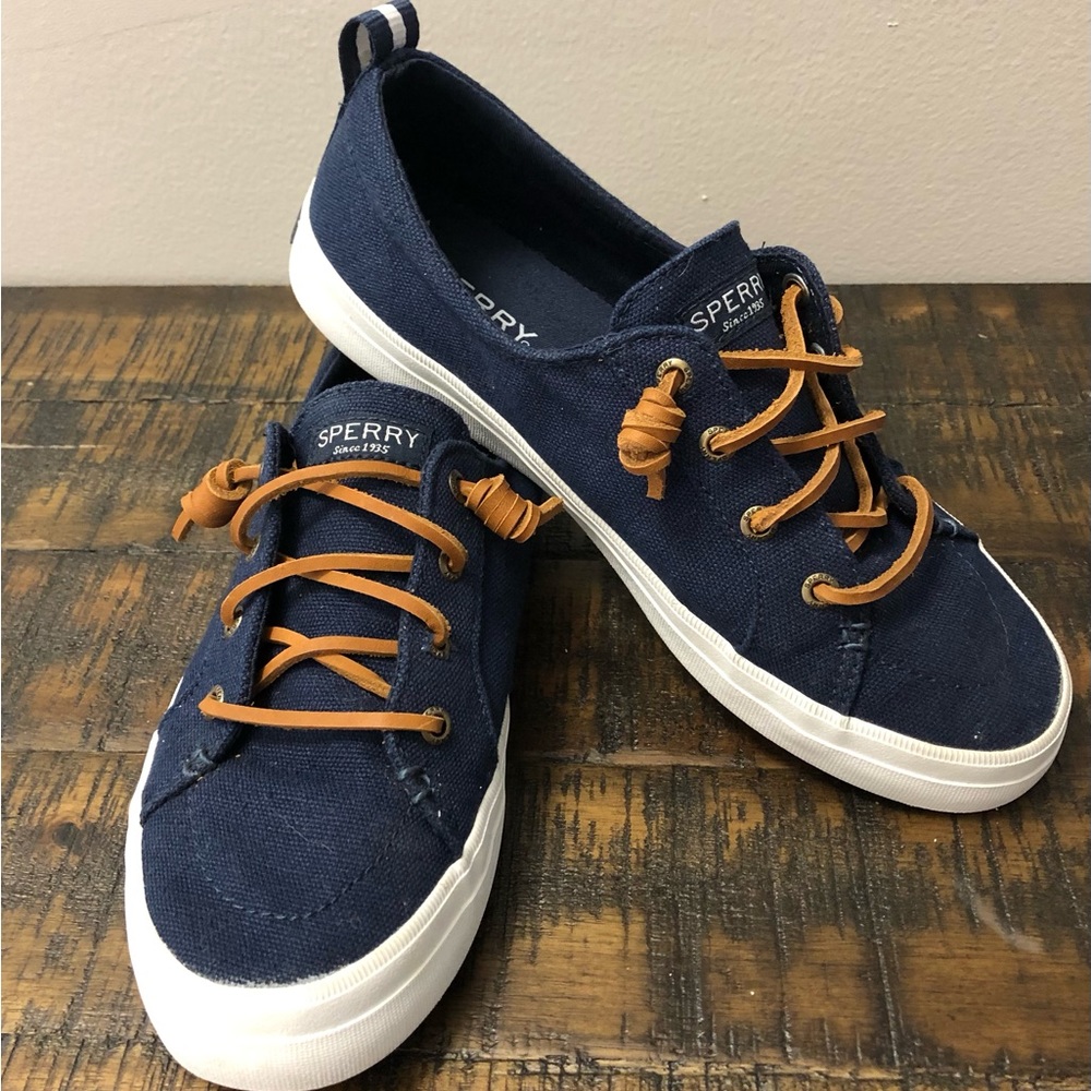 Sperry Crest Vibe Navy Linen Boat Shoe Slip On Sneaker Women’s 7.5 M